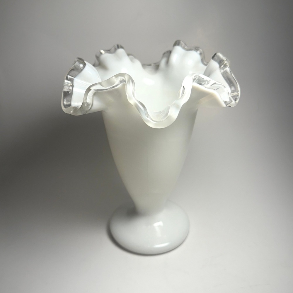 Vintage Fenton Silver Crest Milk Glass Vase 6.5" Ruffled Trumpet Footed‎